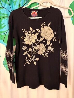 Johnny Was Vixie Thermal Black Floral Embroidered Long-Sleeve Top
